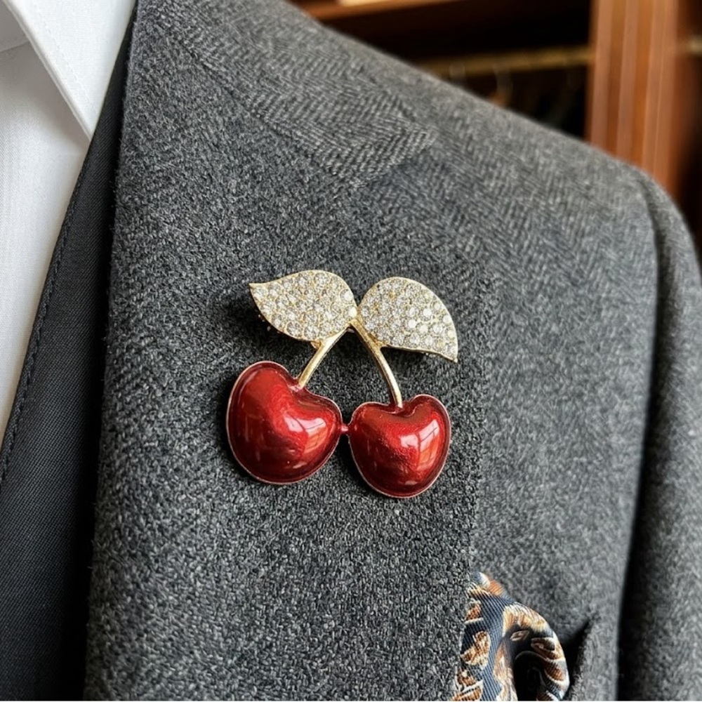 Red Cherry Brooch with Rhinestone Leaves